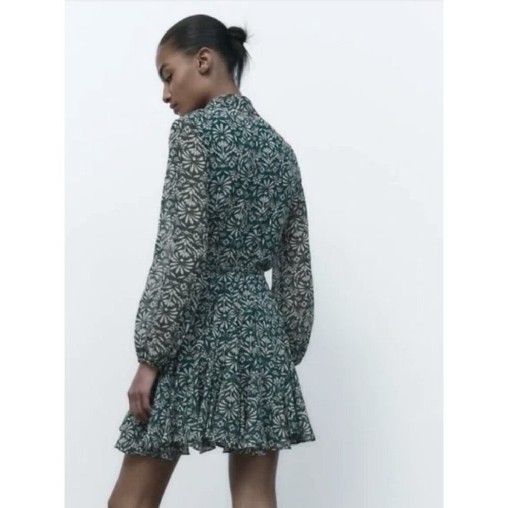 ZARA Sheer Leaf Print Belted Button Front Dress in Forest Green Boho - Size S - Picture 2 of 16